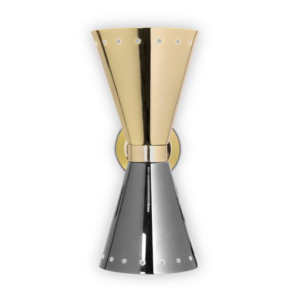 Piazzolla wall fixture is a pure 60’s stilnovo style that brings a retro touch to contemporary spaces. Featuring two Aluminium cones, this wall light fixture offers light both from top and bottom lamp shades to provide a subtle glow. With a dynamic and versatile look that can be applied to any setting, Piazzolla wall lamp can be mounted horizontally or vertically.