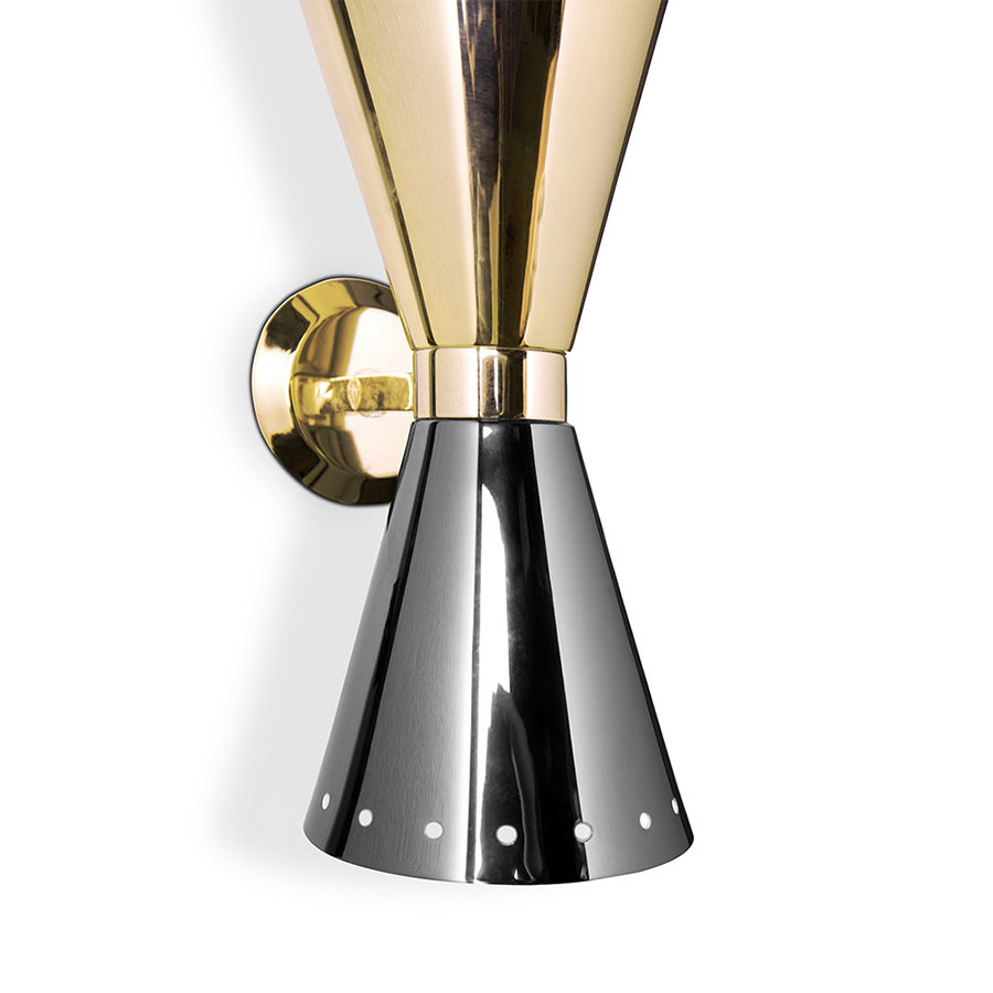 Piazzolla wall fixture is a pure 60’s stilnovo style that brings a retro touch to contemporary spaces. Featuring two Aluminium cones, this wall light fixture offers light both from top and bottom lamp shades to provide a subtle glow. With a dynamic and versatile look that can be applied to any setting, Piazzolla wall lamp can be mounted horizontally or vertically.