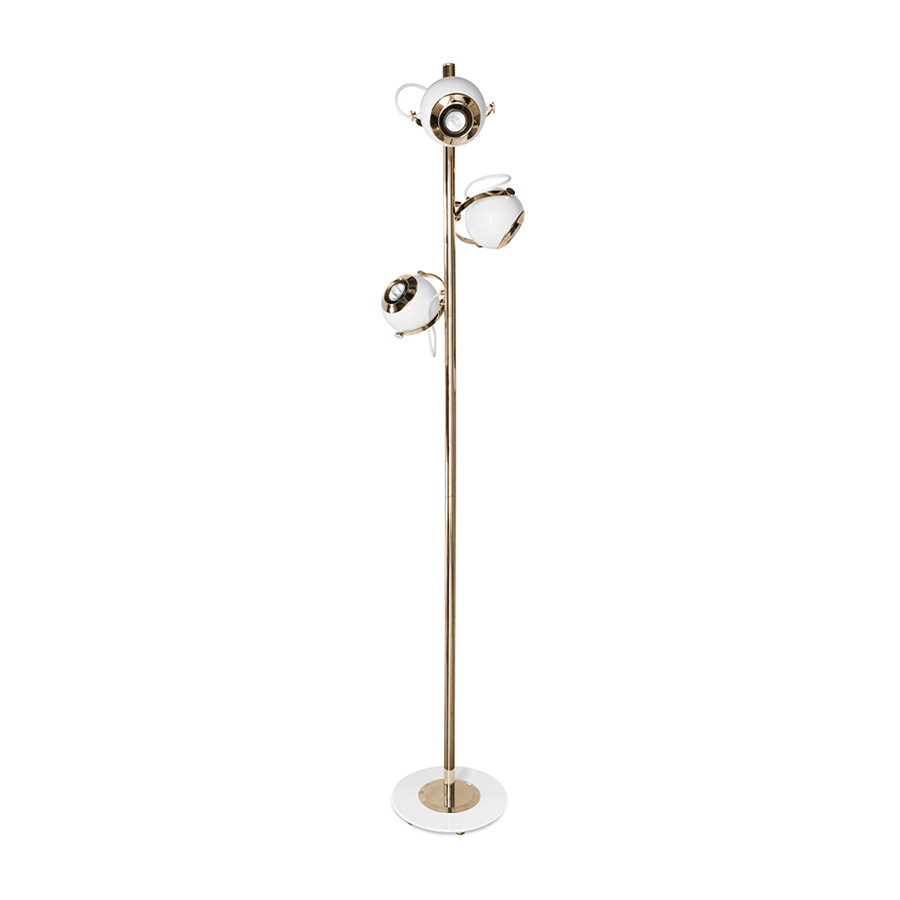 Scofield is an unusual floor lamp with five chrome lights all supported by a white brass base. Each light and bracket rotate separately allowing different light focuses. The mid-century modern floor lamp has round lamp shades in Aluminium, that can support different activities and create an industrial design in the room.