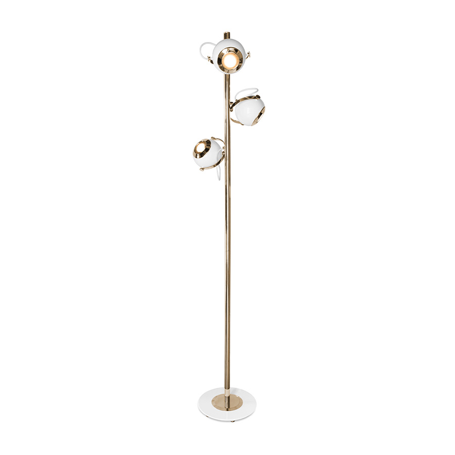 Scofield is an unusual floor lamp with five chrome lights all supported by a white brass base. Each light and bracket rotate separately allowing different light focuses. The mid-century modern floor lamp has round lamp shades in Aluminium, that can support different activities and create an industrial design in the room.