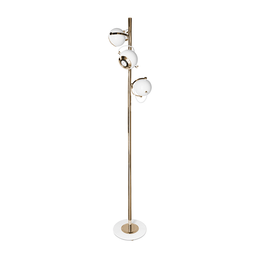 Scofield is an unusual floor lamp with five chrome lights all supported by a white brass base. Each light and bracket rotate separately allowing different light focuses. The mid-century modern floor lamp has round lamp shades in Aluminium, that can support different activities and create an industrial design in the room.