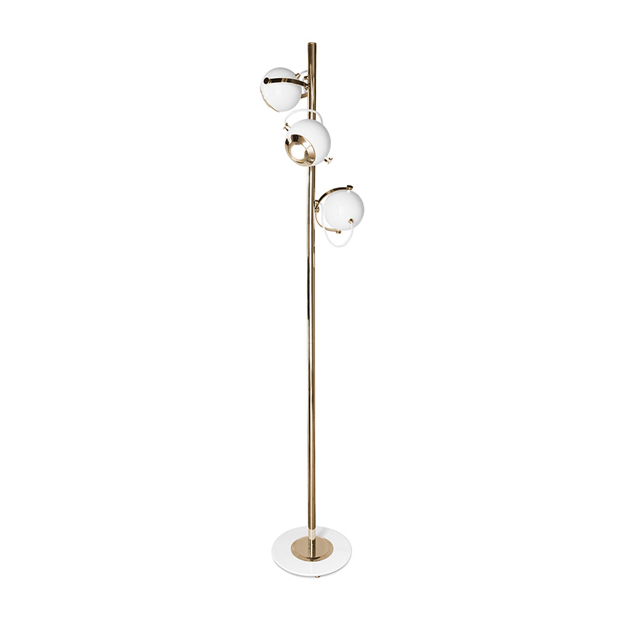 Scofield is an unusual floor lamp with five chrome lights all supported by a white brass base. Each light and bracket rotate separately allowing different light focuses. The mid-century modern floor lamp has round lamp shades in Aluminium, that can support different activities and create an industrial design in the room.