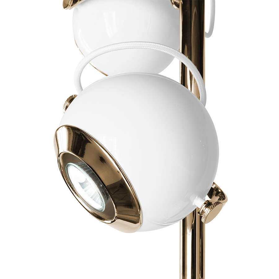 Scofield is an unusual floor lamp with five chrome lights all supported by a white brass base. Each light and bracket rotate separately allowing different light focuses. The mid-century modern floor lamp has round lamp shades in Aluminium, that can support different activities and create an industrial design in the room.