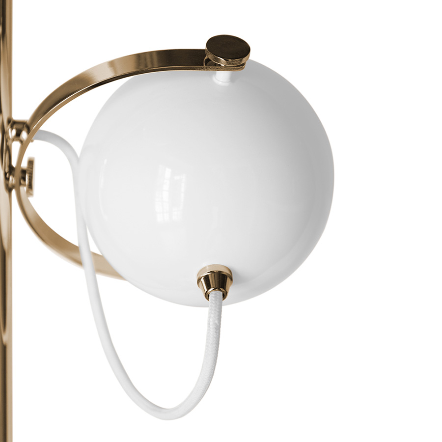 Scofield is an unusual floor lamp with five chrome lights all supported by a white brass base. Each light and bracket rotate separately allowing different light focuses. The mid-century modern floor lamp has round lamp shades in Aluminium, that can support different activities and create an industrial design in the room.