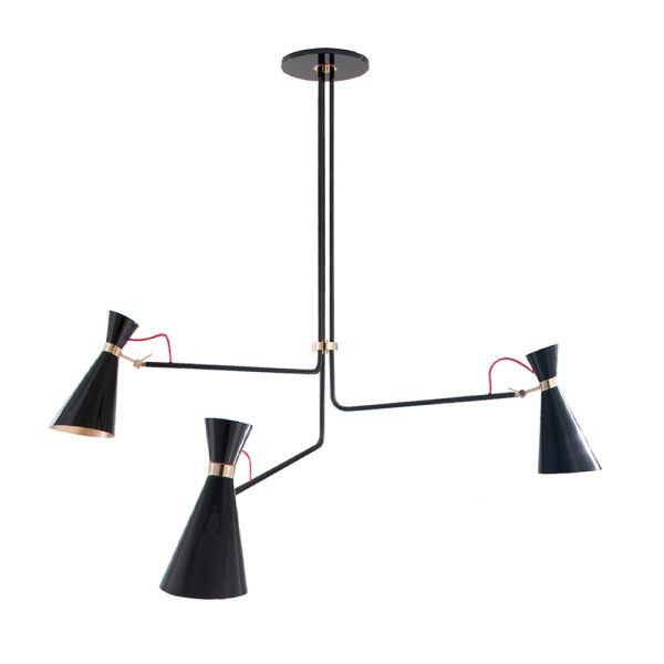 This modern lamp has three lamp shades in Aluminium that feature a glossy black finish and three visible textile red wires above the large lamp shades. The three arms are united by a gold plated ring, showing a high level craftsmanship. The big lampshades,the asymmetric structure the visible textile wire and the nickel plated details have resulted in a huge pendant lamp which will surely put a spell on you.