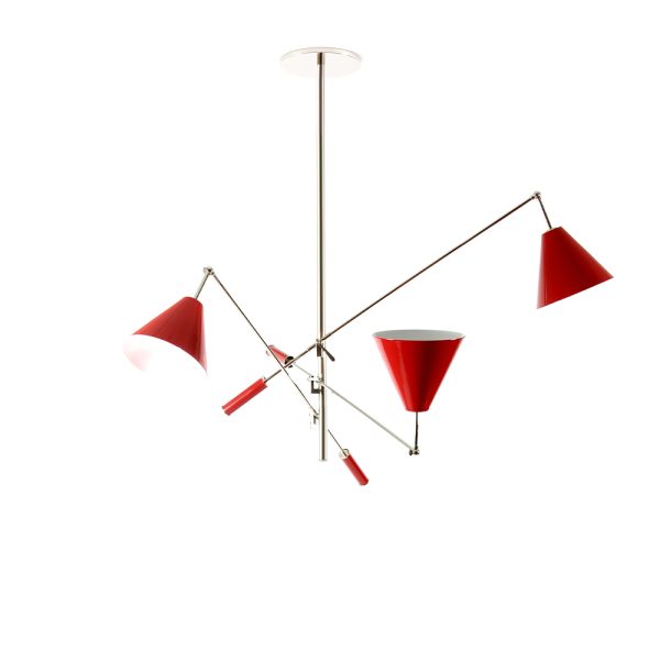 Sinatra is a modern chandelier that was inspired by Frank Sinatra’s song “New York, New York”. Handmade in brass and with a nickel plated finish, Sinatra reflects the popular classics from the mid-century period of design. The three lamp shades have a distinctive appearance crafted in Aluminium and have a glossy red finish. The counterweights are made of iron and have also a glossy red finish.