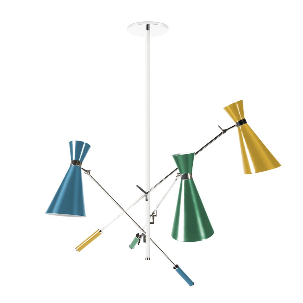 Stanley retro pendant lamp is inspired by some of the most iconic lighting designs of the 1960s. It is handmade in brass and Aluminium, with a nickel plated finish on the body, and glossy black lacquer on the outer part of lampshades. The inside is lacquered a matte white. With three changeable arms, this mid-century modern lighting fixture has three counterweights all built of iron.