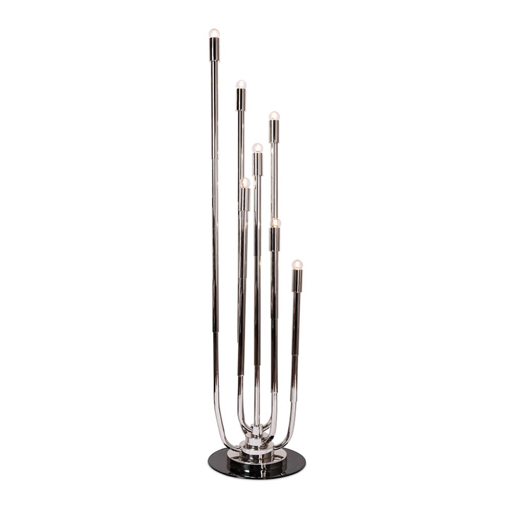 Stardust floor lamp is a mid-century modern revolving lamp that was inspired by the cosmic orbits. The main goal of this lighting design is to light up your mid-century modern home just like the stars do it at night. Constructed out of brass tubing into a rounded oblong shape, this modern floor lamp will shine brightly due to the light cast by the bulbs arranged in the same way as a candelabra.
