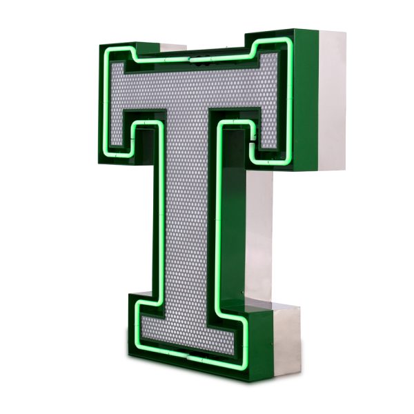 A remarkable lighting design remembering us of the college days, this handmade marquee letter is the one for the stars. A fun lighting design that is customizable on demand and available on a mini version, it has retro style mixed with the urban culture. Turning hypnotic at some point, the neon green of the bulbs and the height of 1 meter makes this a perfect lighting design to finish your design project.