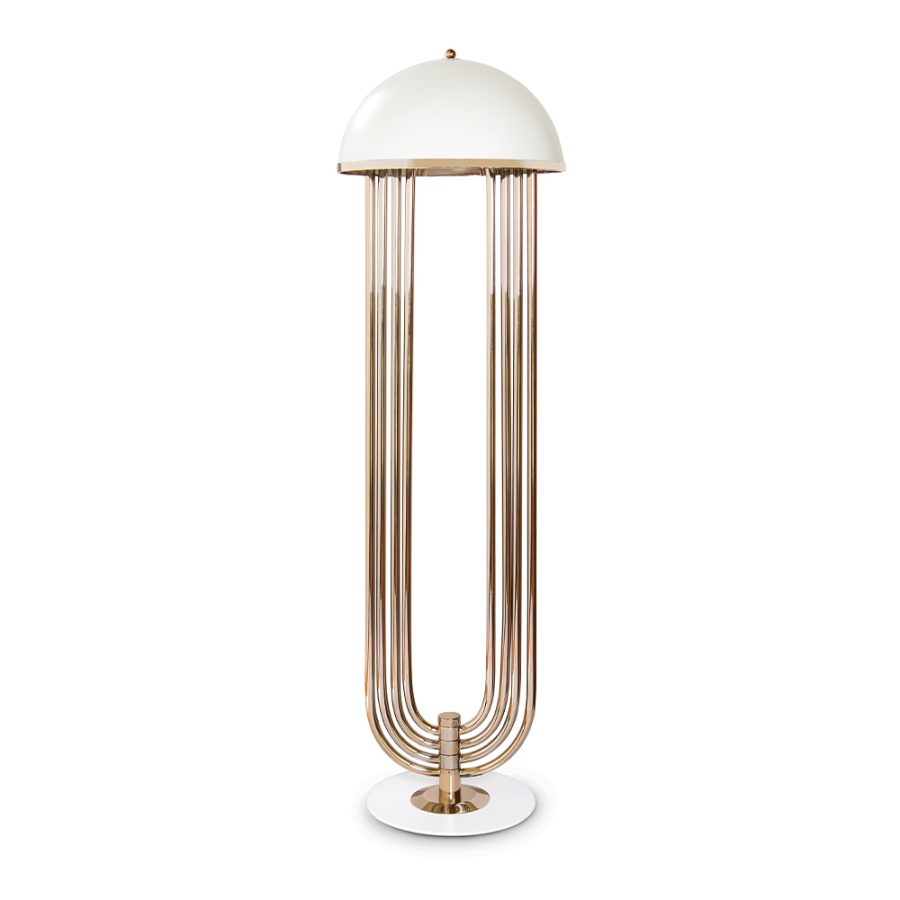 Turner floor lamp was inspired by Tina Turner’s electrifying dance moves. Ideal for any hotel design project, this art deco floor lamp will fit perfectly in a modern lobby entrance or next to a mid-century lounge chair. This mid-century floor lamp has five large arcs made of brass and a semi-spherical top cover of Aluminium lacquered in glossy white or any other RAL color of your choosing.