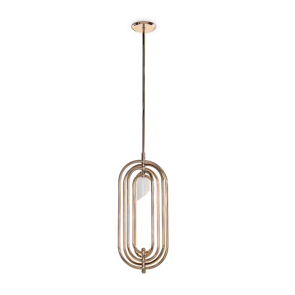 Inspired by the astonishing and memorable pop singer,Turner pendant lamp fixtures handmade in brass and Aluminium that boasts all the most special elements of this design movement.The body has five gold plated finished movable arcs,which can all be rotated into the desired position, small shade on the center is lacquered a matte white, but it is customizable.