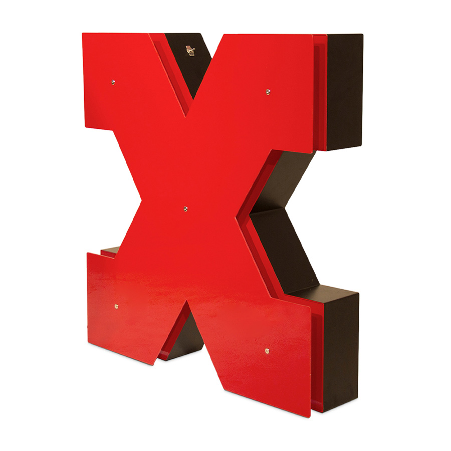 X marks the end of a game, of an era. With a warm red colour, this marquee letter design is handmade with acrylic and Aluminium. With a soft neon light, this versatile marquee letter can be customizable on demand and is available on a mini version. Set for the most demanding settings, it can wall mounted or served as a floor lamp in any outdoor or interior design project.