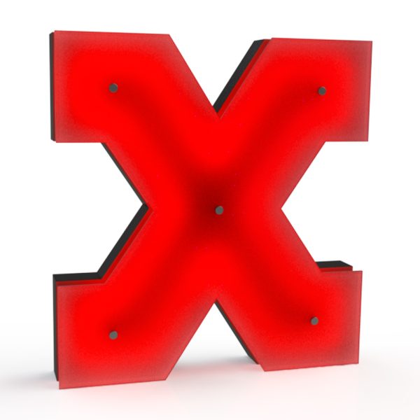 X marks the end of a game, of an era. With a warm red colour, this marquee letter design is handmade with acrylic and Aluminium. With a soft neon light, this versatile marquee letter can be customizable on demand and is available on a mini version. Set for the most demanding settings, it can wall mounted or served as a floor lamp in any outdoor or interior design project.