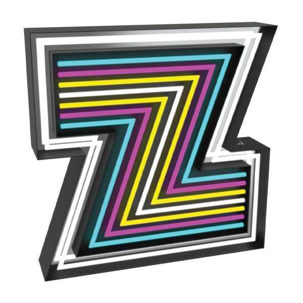 As this is the last letter of the alphabet it deserves some excellence. Astounding colours made this a one of a kind lighting design. Cyan, Magenta, Yellow and White Neons shine brightly in an audacious Z pattern. A hypnotic piece, this lighting design is customizable on demand and is set for the most demanding settings, as it can be in any outdoor or interior design project.