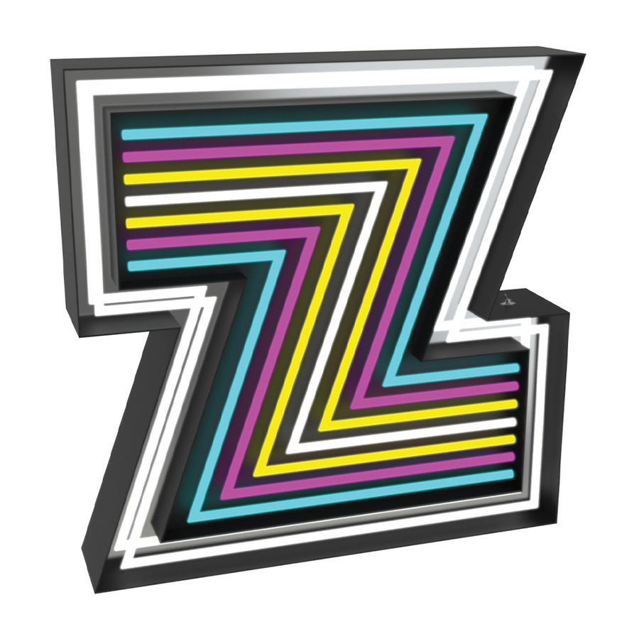 As this is the last letter of the alphabet it deserves some excellence. Astounding colours made this a one of a kind lighting design. Cyan, Magenta, Yellow and White Neons shine brightly in an audacious Z pattern. A hypnotic piece, this lighting design is customizable on demand and is set for the most demanding settings, as it can be in any outdoor or interior design project.