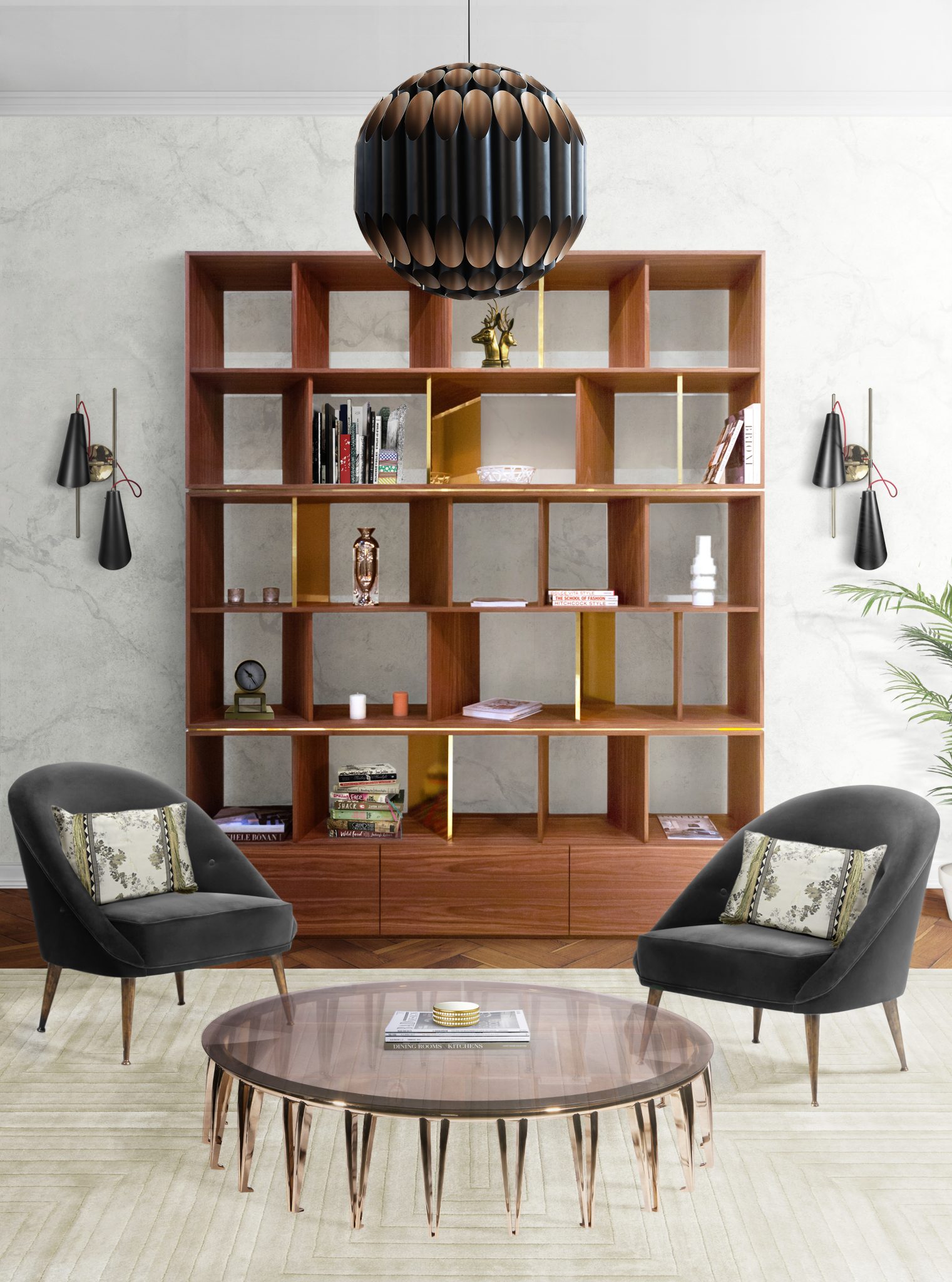 MID-CENTURY MODERN LIVING ROOM WITH KAVRITZ SUSPENSION AND EVANS WALL
