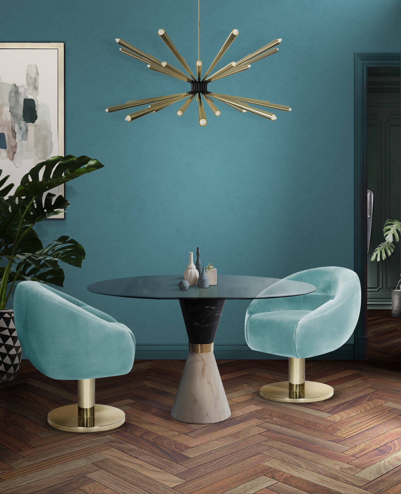 DINING ROOM WITH A BLUE INTERIOR