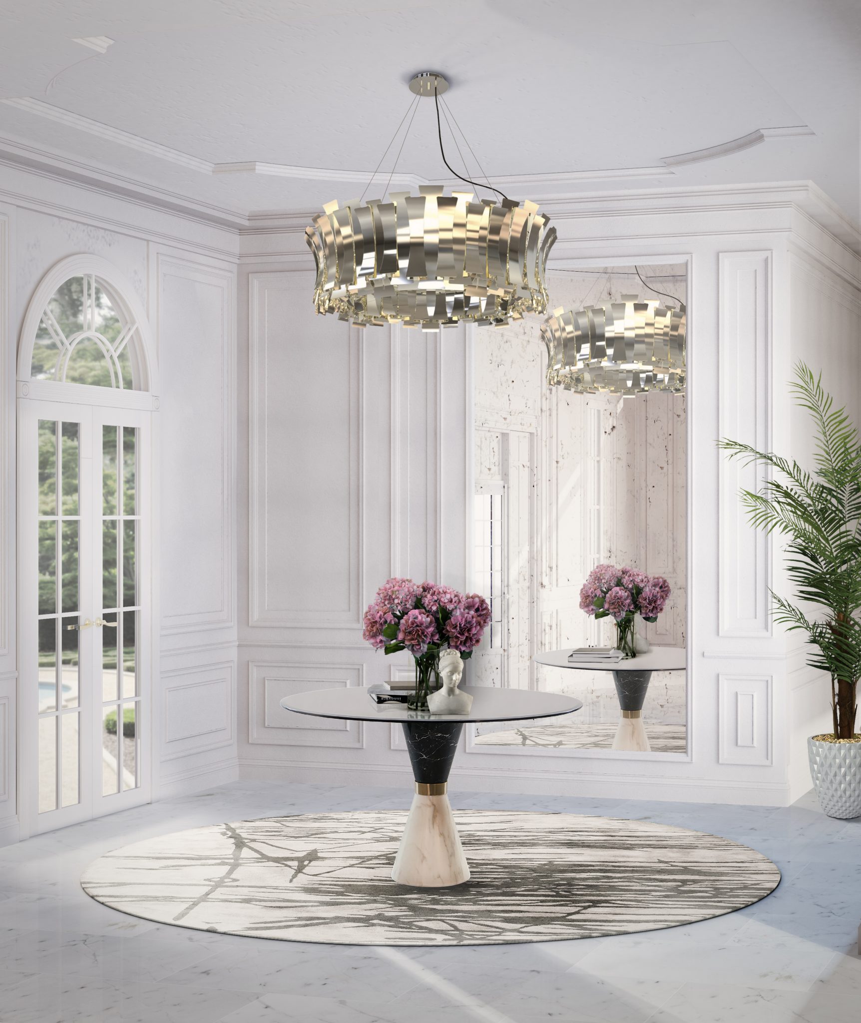 GLAMOROUS ENTRANCE HALL WITH SOPHISTICATED CHANDELIER
